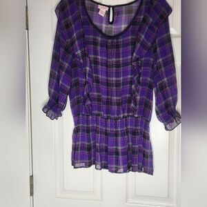 Candie's L Purple Plaid 3/4 Slv Elastic Drop Waist Ruffled Women Blouse Top